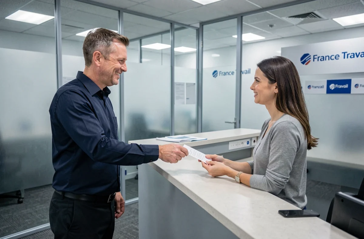 Homme remettant un formulaire de changement d'adresse à un conseiller France Travail en agence