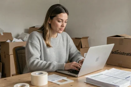 Femme effectuant son changement d'adresse France Travail en ligne entourée de cartons de déménagement