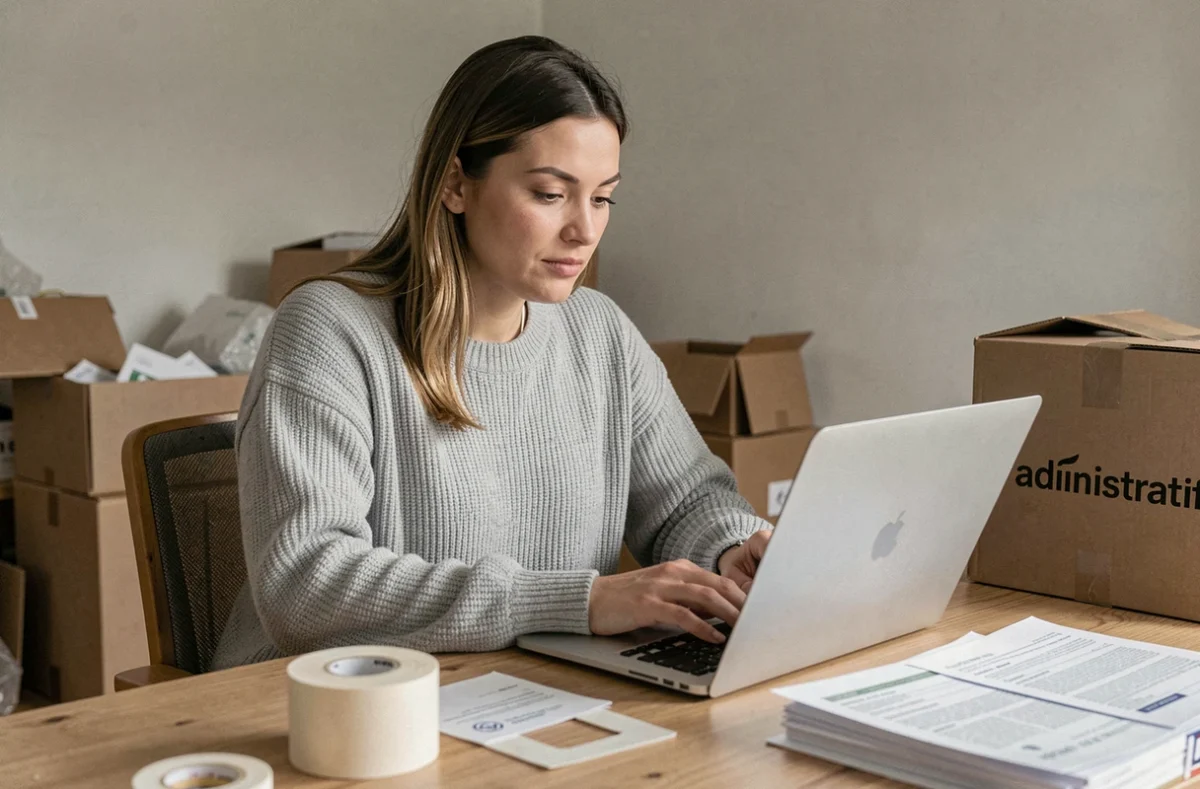 Femme effectuant son changement d'adresse France Travail en ligne entourée de cartons de déménagement