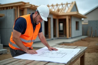 Chef de chantier en gilet haute visibilité consultant des plans architecturaux sur un chantier de construction de maison individuelle