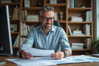 Scientifique d'âge moyen souriant dans un bureau organisé