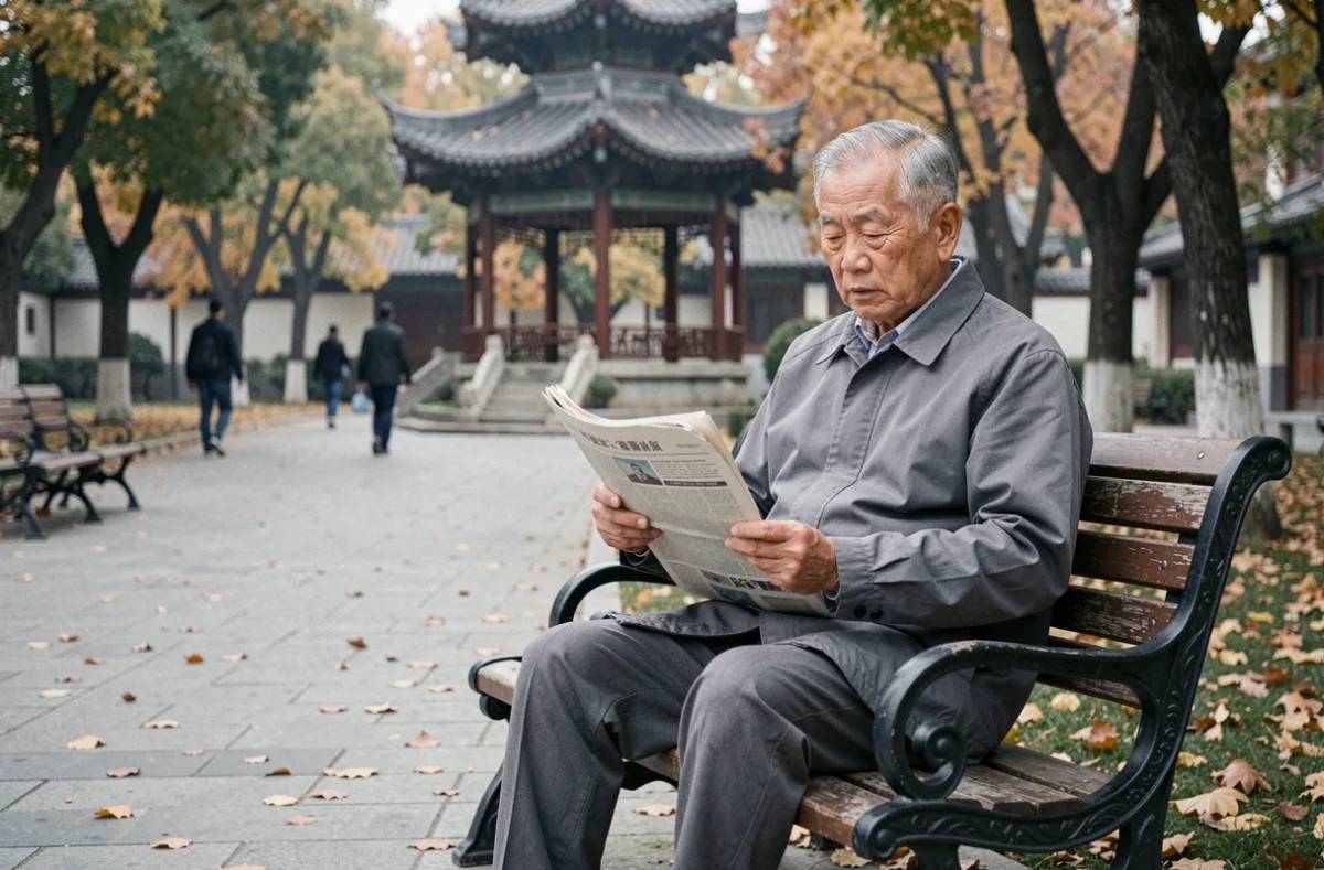 Homme âgé seul dans un parc de Pékin évoquant le déclin démographique accéléré de la Chine