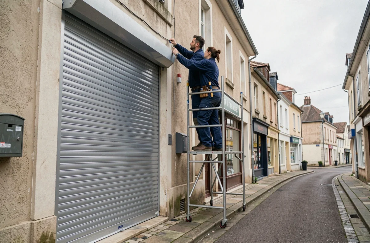 Équipe de CKR Fermetures posant un volet roulant aluminium sur une façade commerciale dans l'Oise