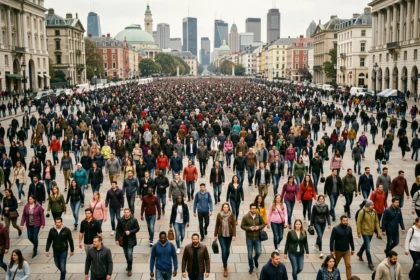 Foule mondiale dense et diverse représentant les grandes populations du monde dans un espace urbain ouvert