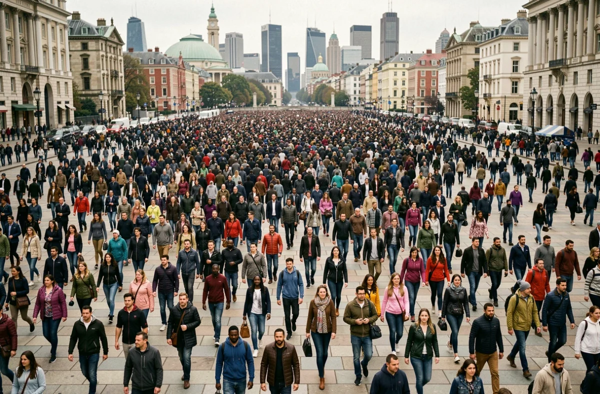 Foule mondiale dense et diverse représentant les grandes populations du monde dans un espace urbain ouvert