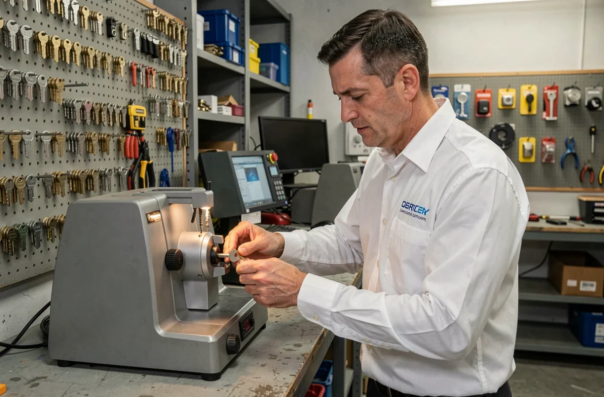 Technicien Clefix effectuant la duplication d'une clé haute sécurité dans un atelier professionnel