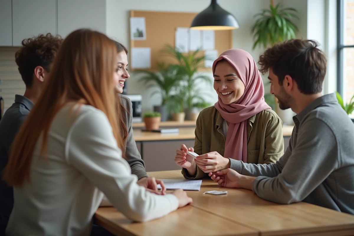 Des collègues de bureau souhaitent bon Ramadan à leur collègue musulmane avec une carte dans une salle de pause moderne