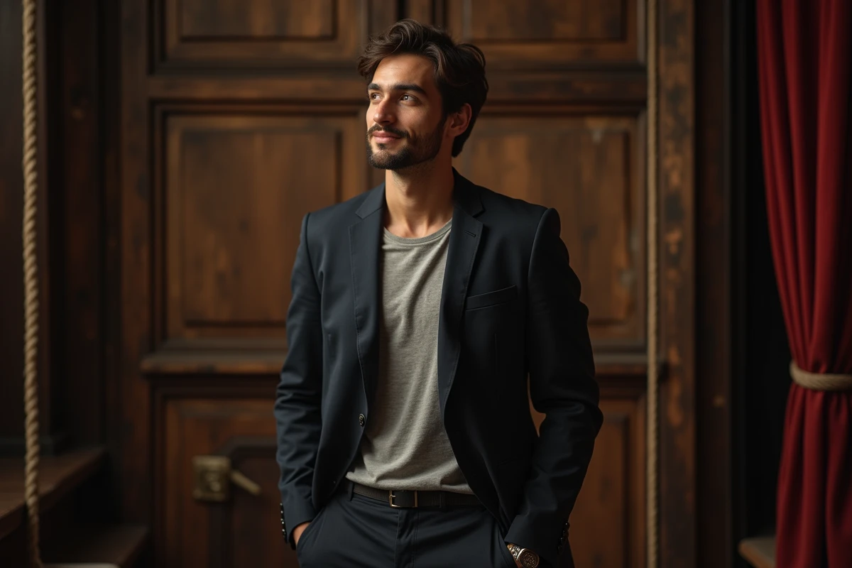 Jeune comédien français backstage avec script en main