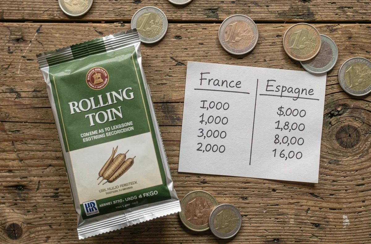 Comparaison des prix du tabac entre la France et l'Espagne avec un seau de 1kg et des pièces en euros sur une table en bois