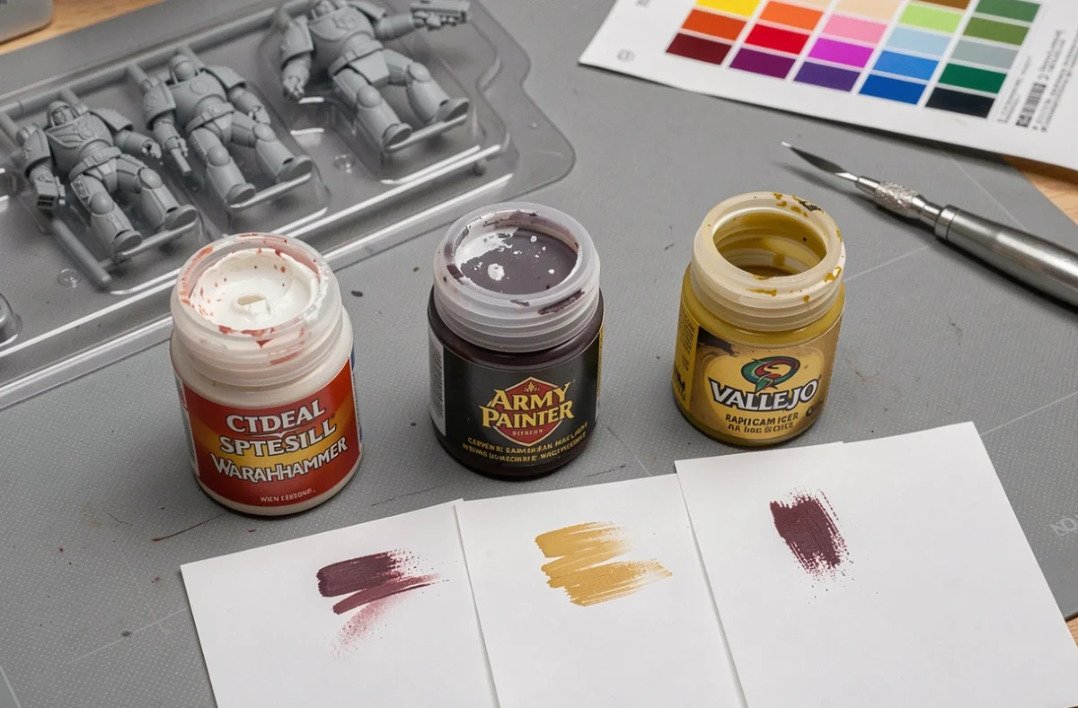 Comparatif des pots de peinture Citadel, Army Painter et Vallejo pour figurines Warhammer en vue à plat