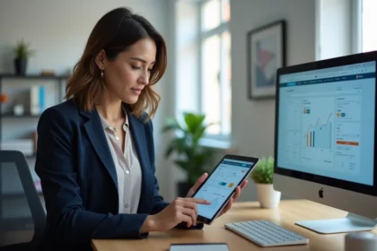 Femme professionnelle configurant un tableau de bord e-commerce sur tablette pour augmenter le panier moyen