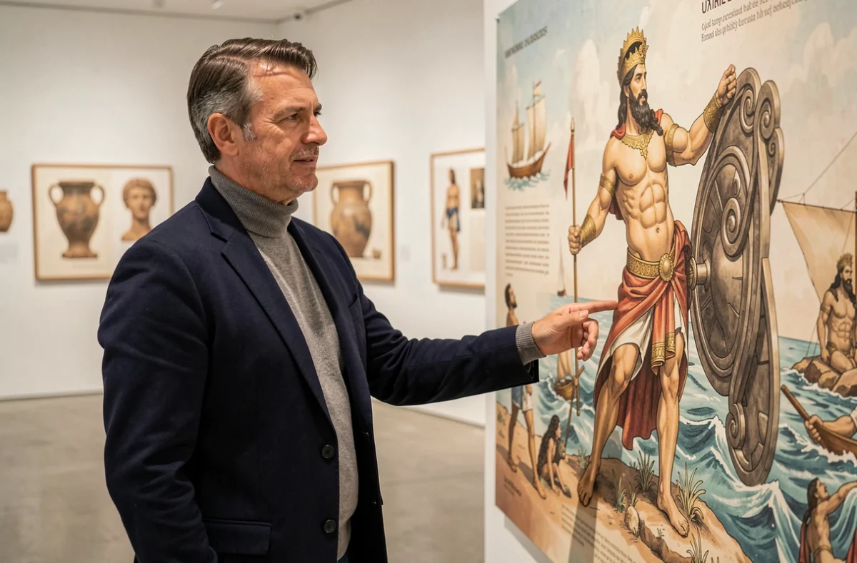 Conservateur de musée expliquant la mythologie grecque de Poséidon devant un panneau d'exposition sur le dieu de la mer