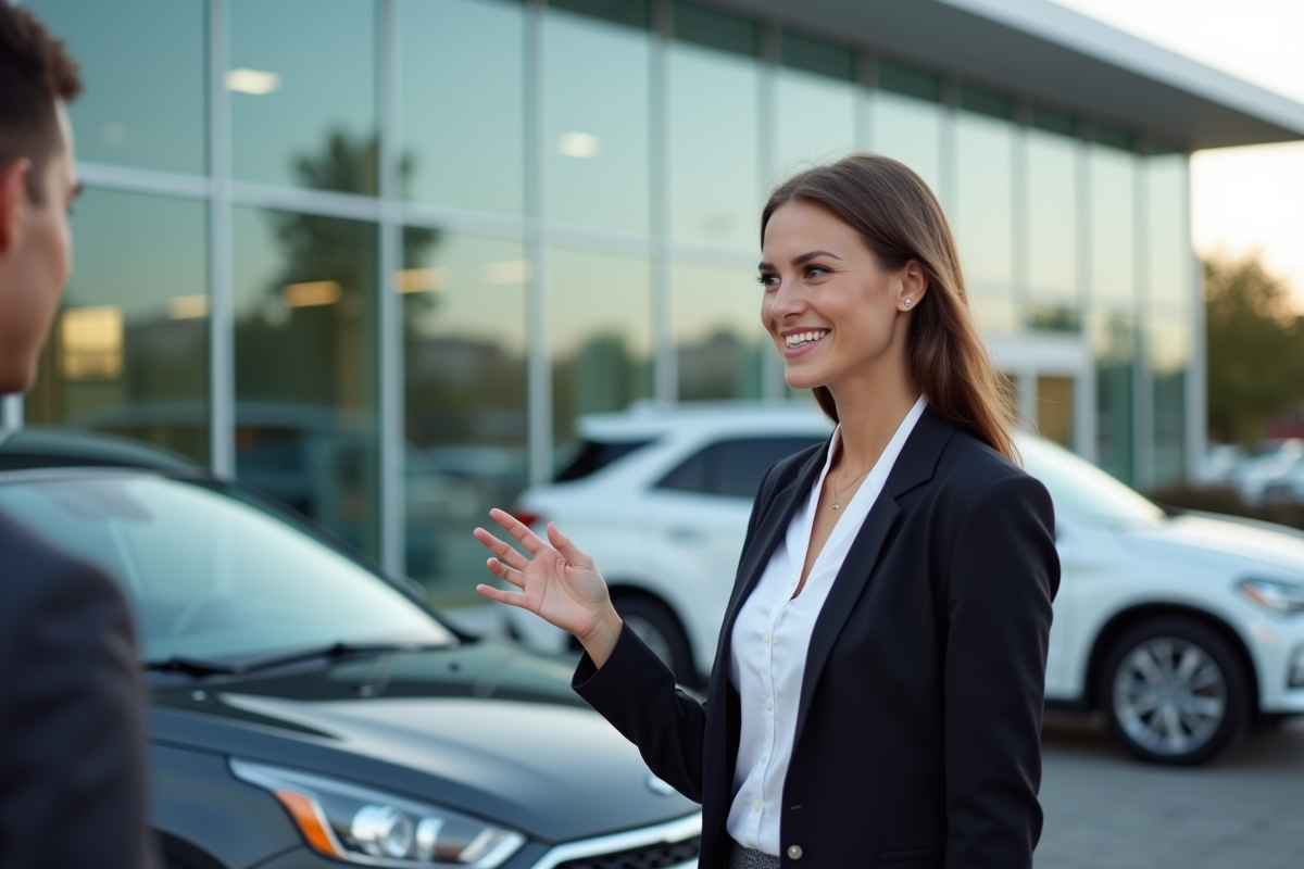 Jeune femme conseillère automobile devant un véhicule