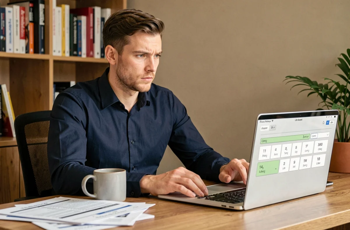 Homme travaillant sur un convertisseur en ligne cm3 en litres depuis son bureau à domicile