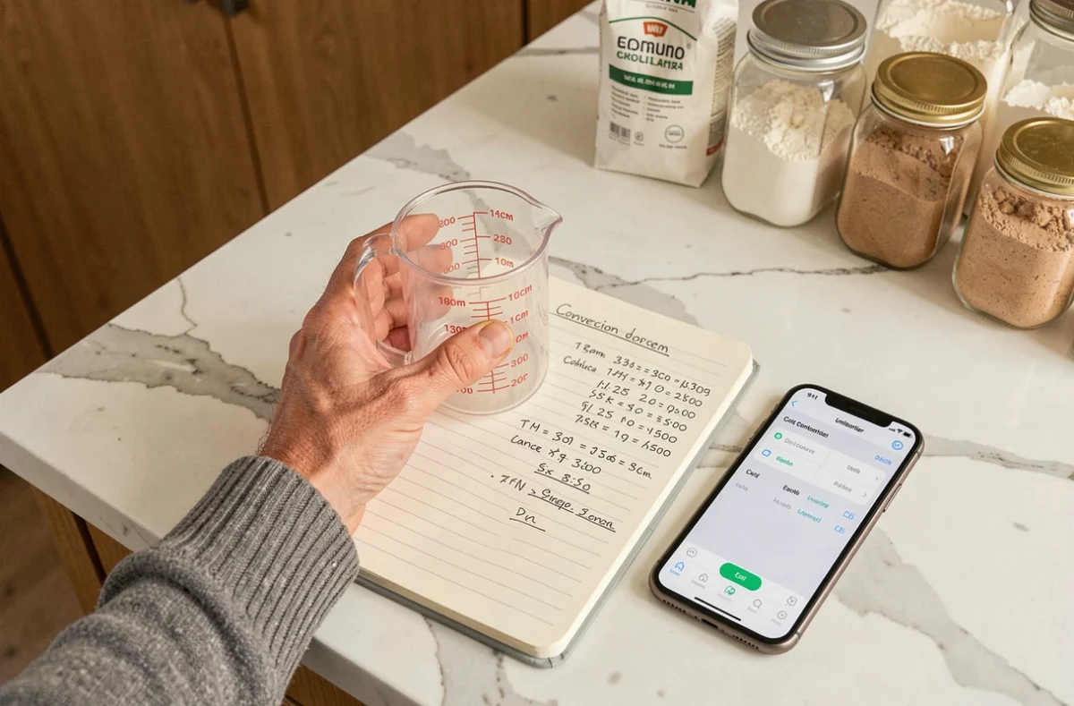Mains tenant un verre doseur avec des calculs de conversion cm3 en litres dans une cuisine moderne