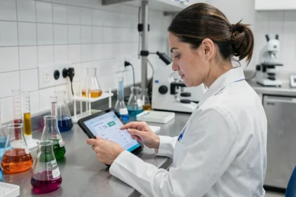 Femme scientifique utilisant un convertisseur d'unités cm3 en litres sur tablette dans un laboratoire