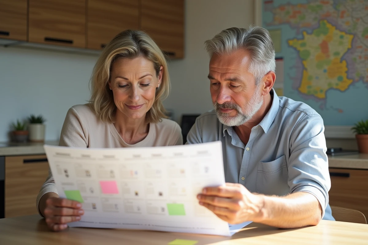 Couple d'adultes regardant un calendrier dans la cuisine lumineuse