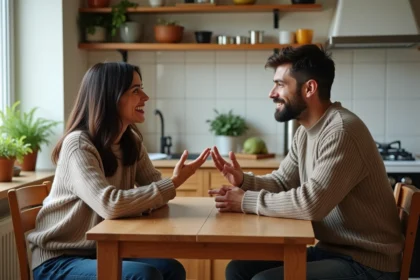 Couple en conversation honnête et détendue autour d'une table de cuisine, illustrant le dialogue ouvert dans une relation non-conventionnelle consentie