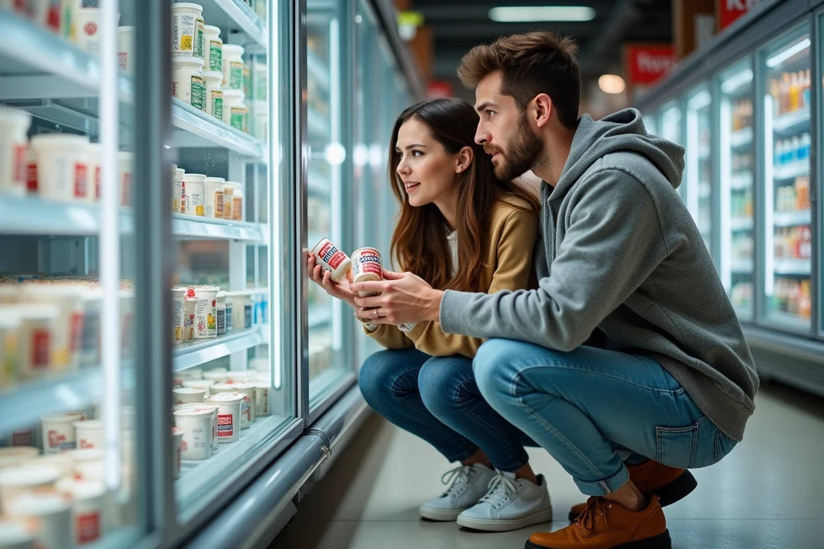 Couple examinant des produits laitiers marque repère E.Leclerc dans le rayon frais