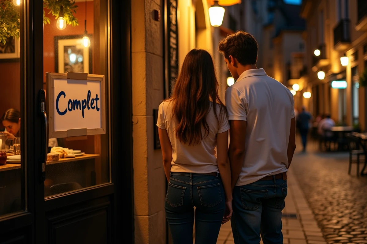 Couple découvrant un restaurant complet dans une ruelle du quartier Saint-Aubin à Toulouse en soirée