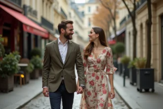 Couple élégant se promenant dans une rue parisienne, main dans la main, ambiance romantique et authentique