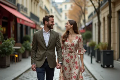 Couple élégant se promenant dans une rue parisienne, main dans la main, ambiance romantique et authentique