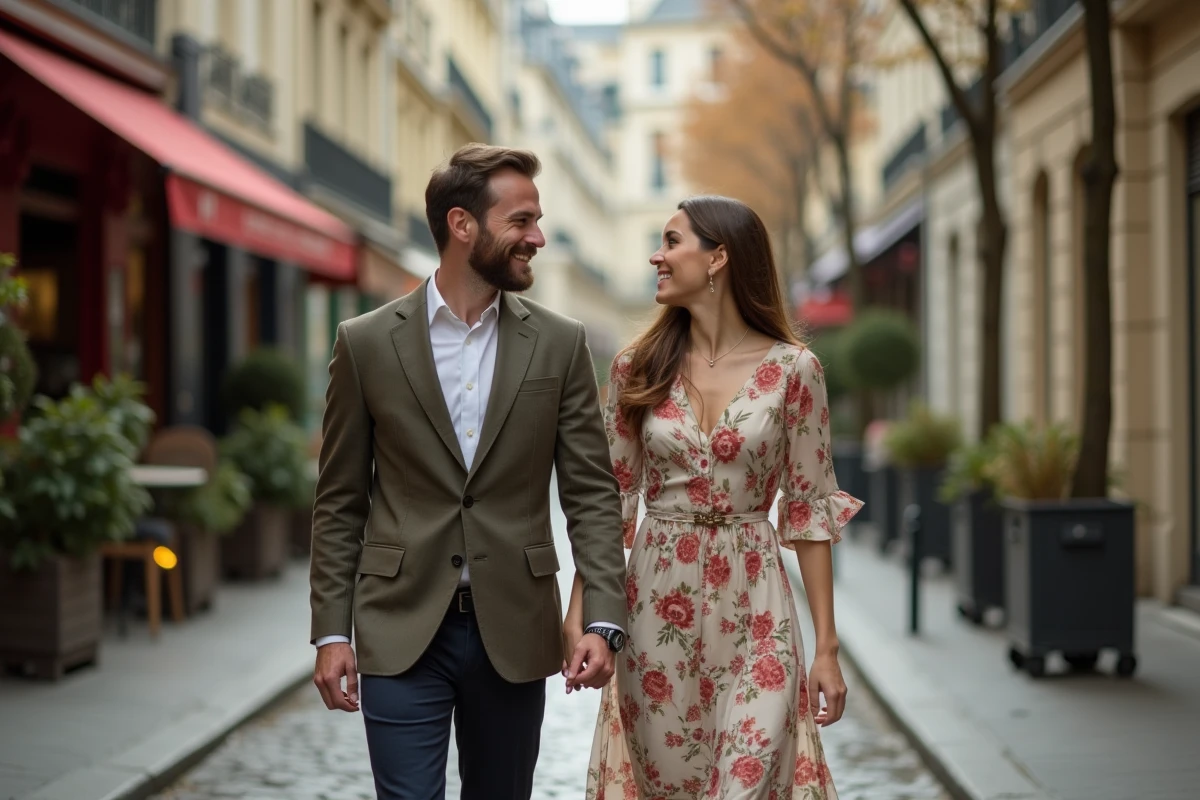 Couple élégant se promenant dans une rue parisienne, main dans la main, ambiance romantique et authentique