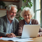 Couple senior souriant discutant de documents de pension à la maison