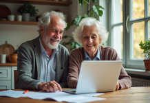 Couple senior souriant discutant de documents de pension à la maison