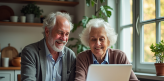 Couple senior souriant discutant de documents de pension à la maison
