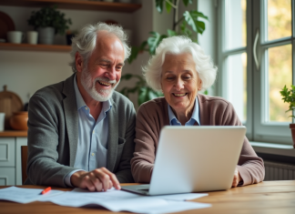 Couple senior souriant discutant de documents de pension à la maison