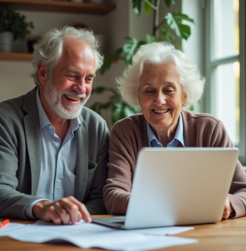 Couple senior souriant discutant de documents de pension à la maison