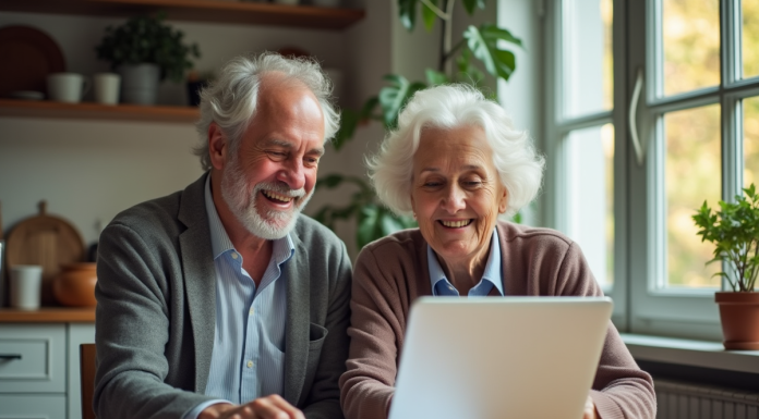 Couple senior souriant discutant de documents de pension à la maison