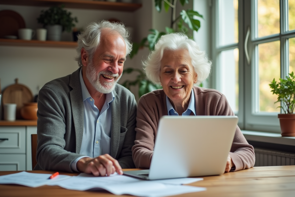 Couple senior souriant discutant de documents de pension à la maison