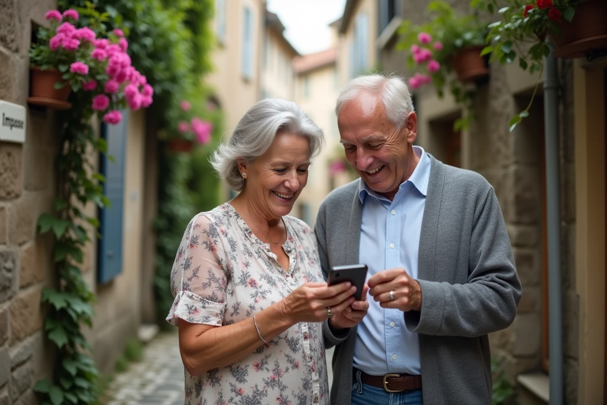 Couple de seniors cherchant leur chemin dans une impasse pavée avec un smartphone affichant une carte GPS