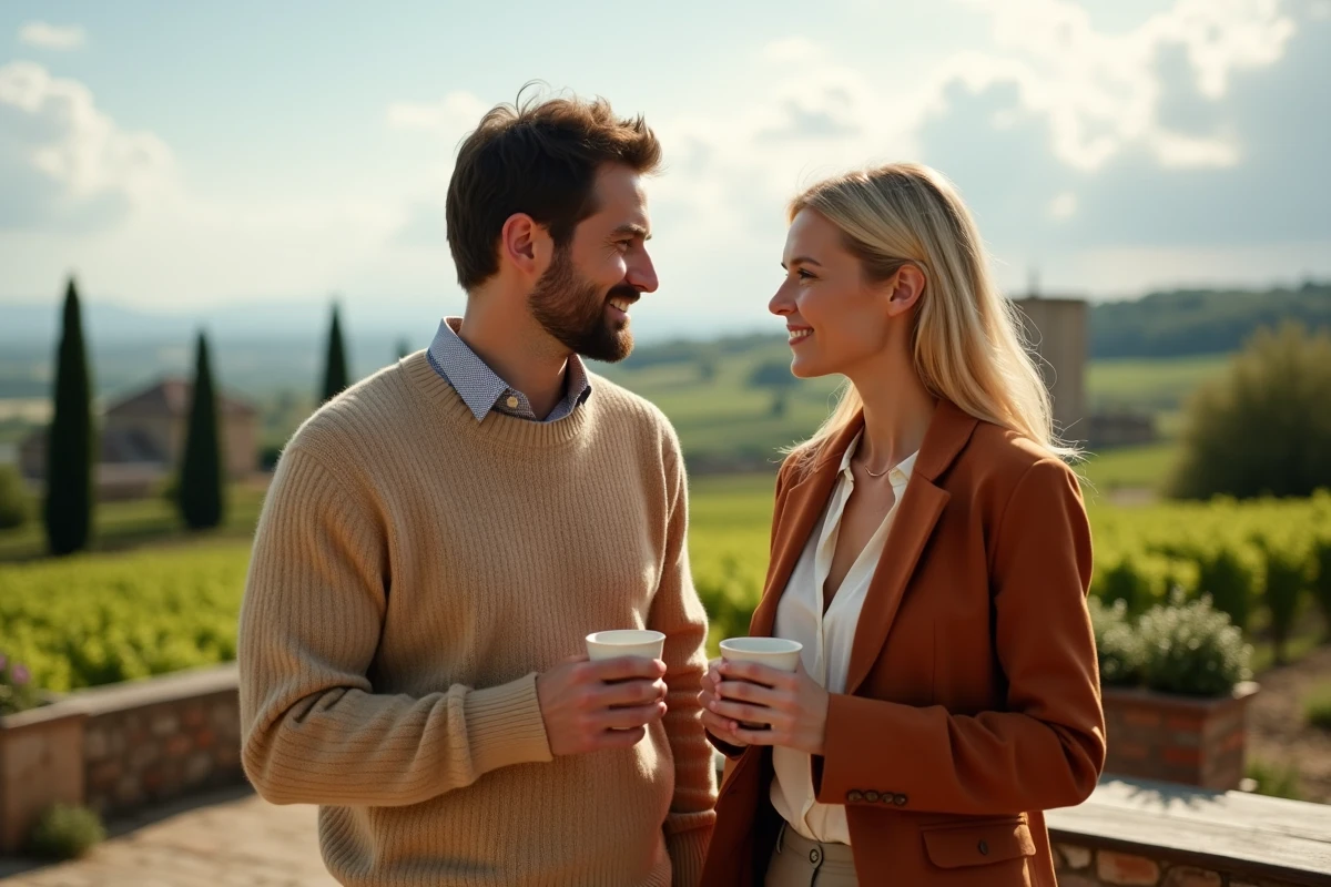 Couple complice sur une terrasse en bois face à un vignoble français, moment de tendresse en plein air