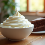 Bol de crème fouettée avec gâteau au chocolat tranché