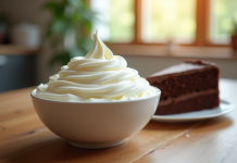 Bol de crème fouettée avec gâteau au chocolat tranché