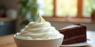 Bol de crème fouettée avec gâteau au chocolat tranché