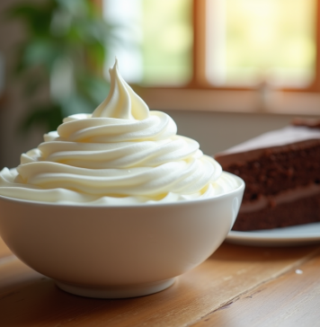 Bol de crème fouettée avec gâteau au chocolat tranché