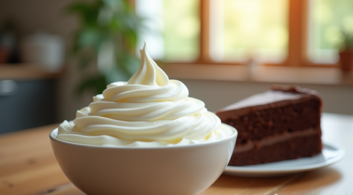 Bol de crème fouettée avec gâteau au chocolat tranché