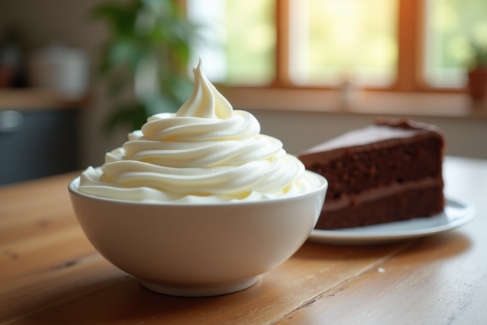 Bol de crème fouettée avec gâteau au chocolat tranché