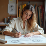 Femme stylée esquissant des motifs textiles dans son atelier