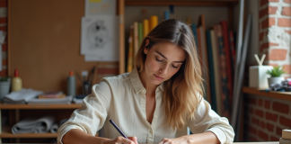 Femme stylée esquissant des motifs textiles dans son atelier