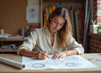 Femme stylée esquissant des motifs textiles dans son atelier