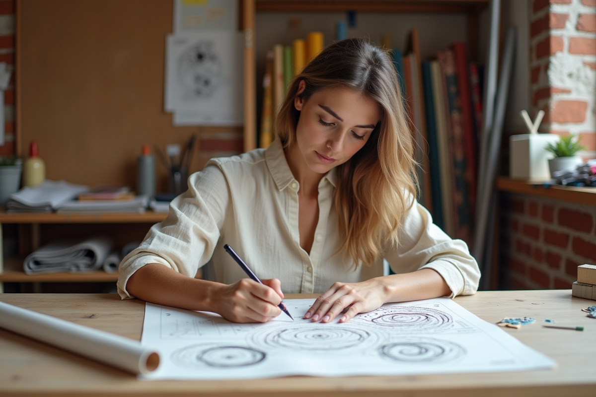 Femme stylée esquissant des motifs textiles dans son atelier
