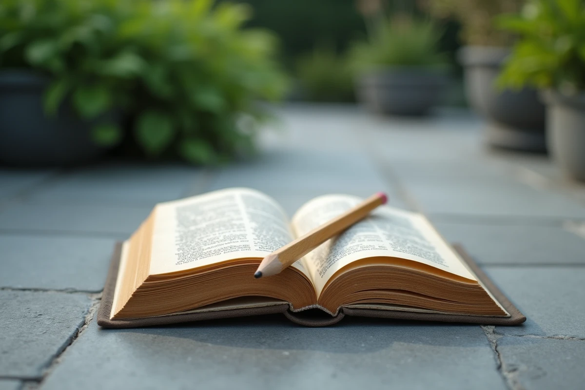 Dictionnaire ouvert posé sur une surface en pierre dans un jardin, avec un crayon en bois, symbolisant la recherche de synonymes de mantra
