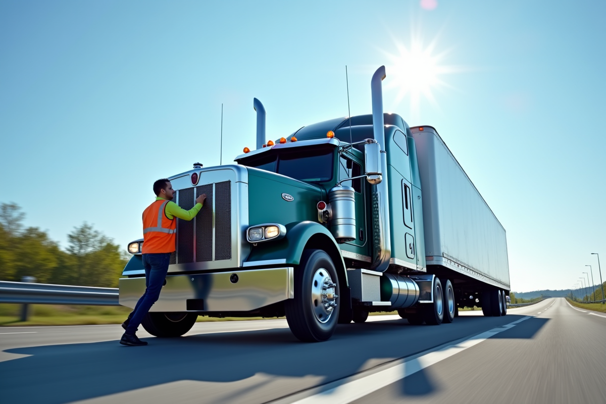 Camion de dépannage moderne attachant un gros camion sur l'autoroute