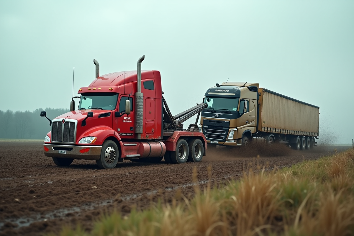 Camion de dépannage tirant une semi-remorque dans un champ boueux