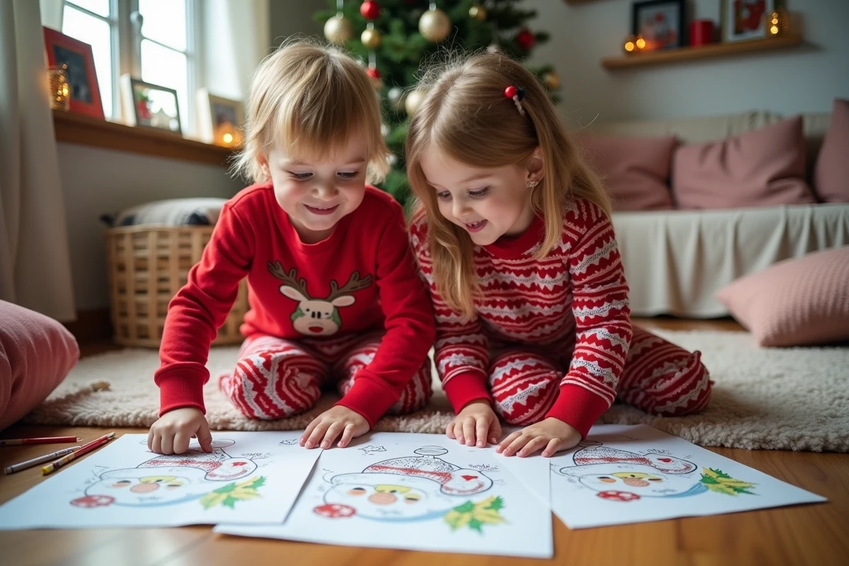 Deux enfants coloriant des dessins de Noël sur le sol du salon